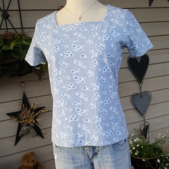 LIZ CLAIBORNE ♡ Sweet Vintage Blue|White Floral Box Pattern Short Sleeve Top SP - Picture 9 of 16